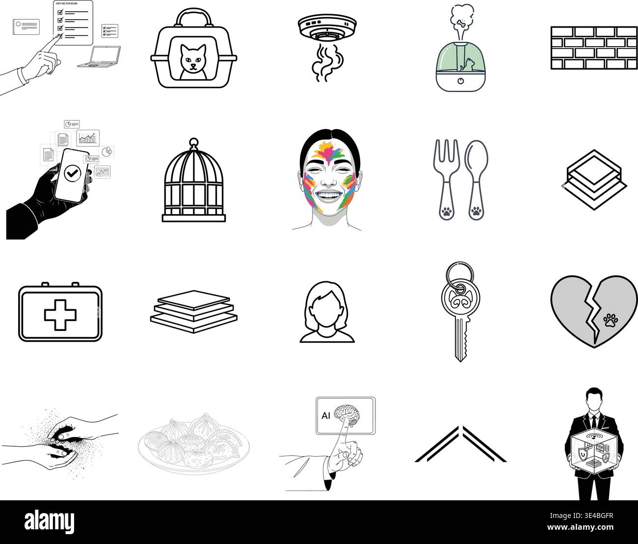 Eine Sammlung verschiedener Symbole und Symbole Stock Vektor
