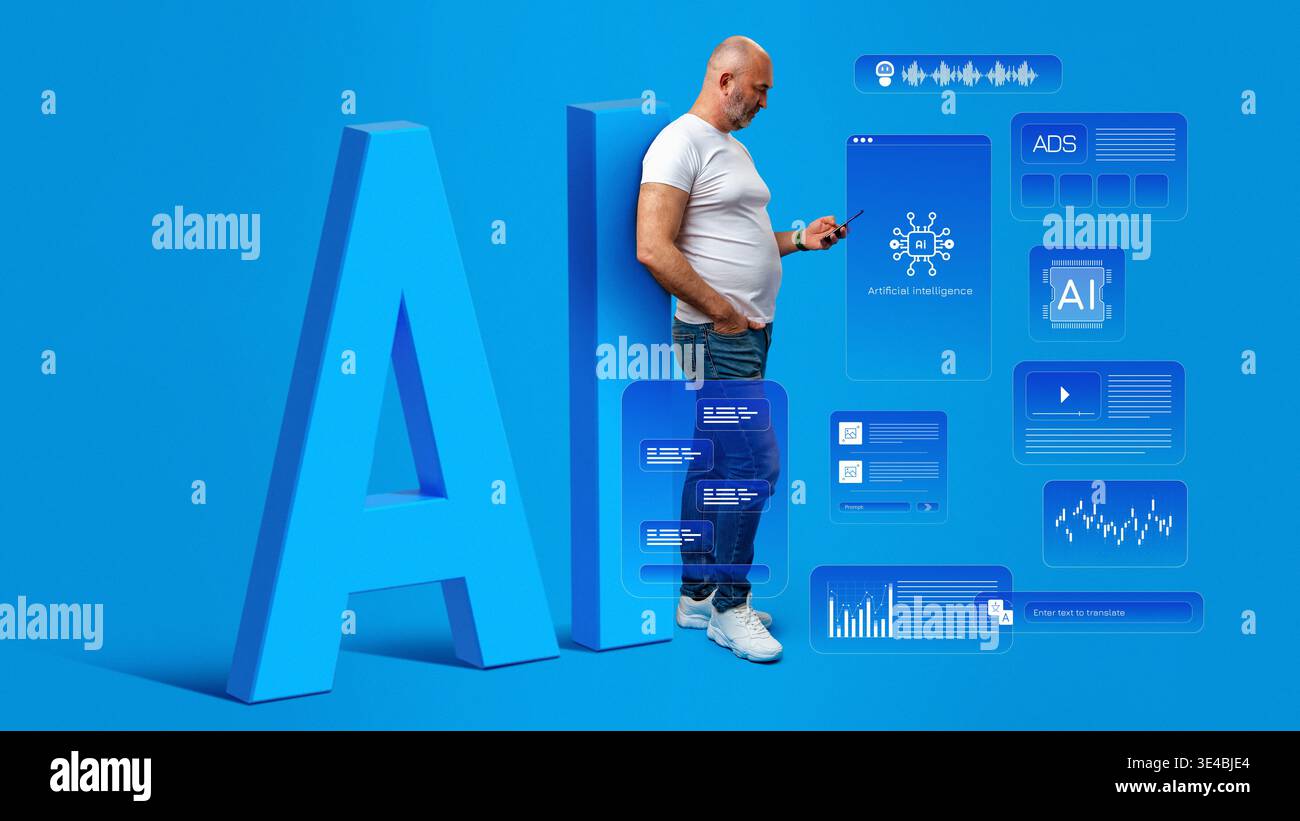 Der Mensch interagiert mit künstlicher Intelligenz auf einem digitalen Gerät in der Nähe großer blauer KI-Buchstaben Stockfoto