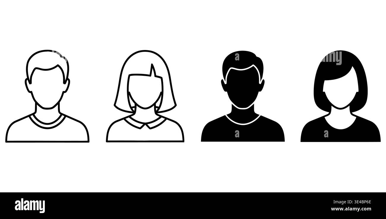 Set aus vier Avatarsymbolen für Männer und Frauen mit umrissenem und solidem Grafikdesign Stock Vektor