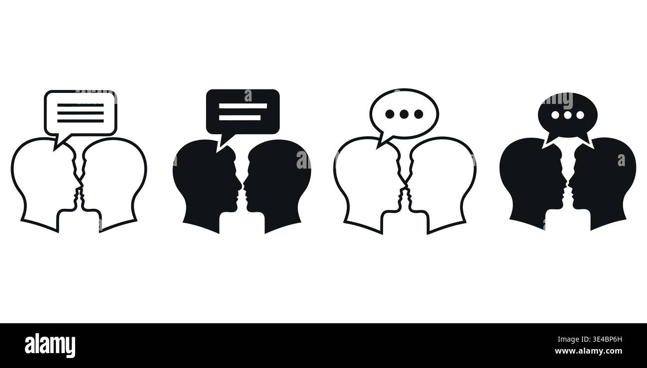 Eine Reihe menschlicher Silhouettensymbole mit zwei Personen im Profil, die an einem Dialog teilnehmen Stock Vektor