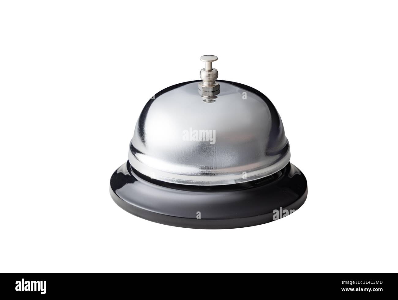Silberne Serviceglocke auf schwarzer Basis für Hotelrezeption und Concierge-Schalter, Anruf-Taste des Kundenservice isoliert auf weißem Hintergrund Stockfoto