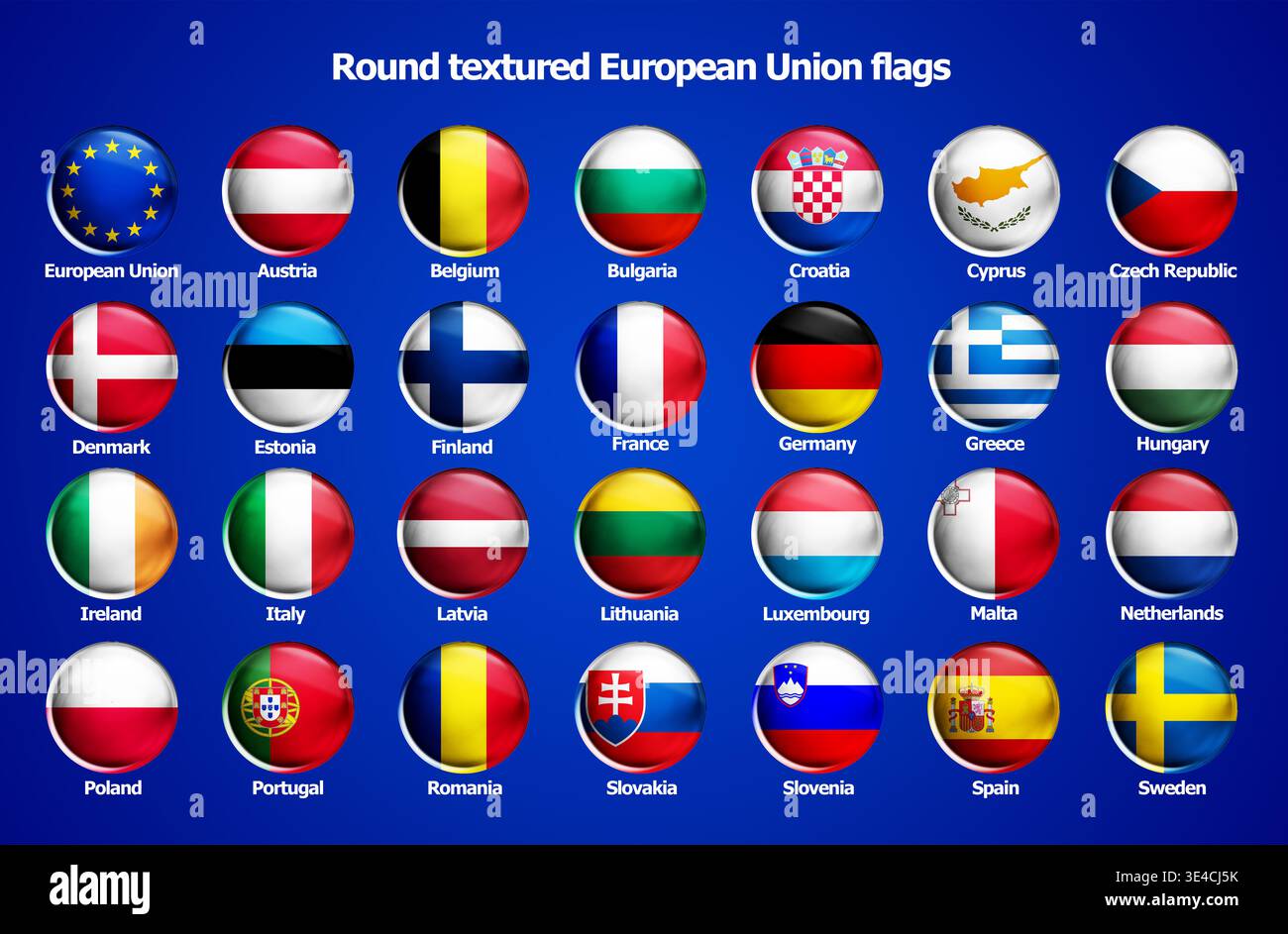 Runde, strukturierte Symbole zeigen die Flaggen der Europäischen Union und der Mitgliedsländer auf blauem Hintergrund, die in ordentlichen Reihen mit glänzenden Stilen und klaren Etiketten angeordnet sind. Stockfoto