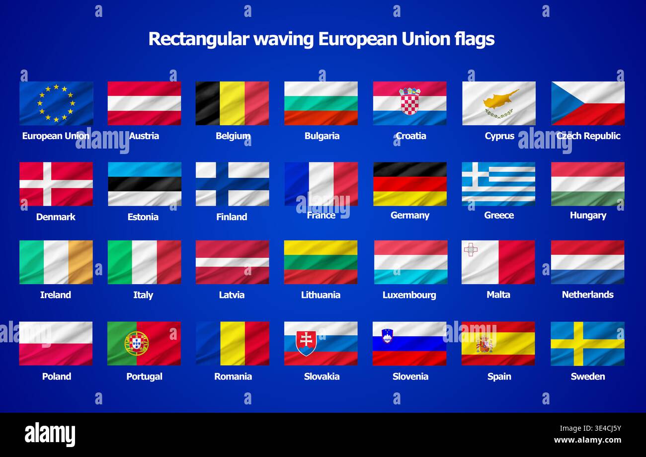 Set rechteckig gewellter EU- und Nationalflaggen auf blauem Hintergrund, die alle Mitgliedstaaten mit realistischer Stoffstruktur zeigen. Stockfoto