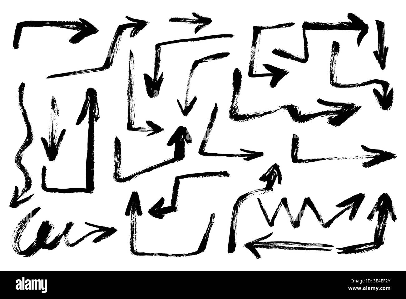 Pinselstrichpfeile-Kollektion. Vektorpinsel handgezeichnet geometrische und gekrümmte Pfeile. Grobe Kohlepfeile, Richtung der Bleistift-Kritzelung Stock Vektor