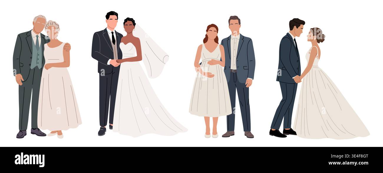 Paare in formeller Hochzeitskleidung Stock Vektor