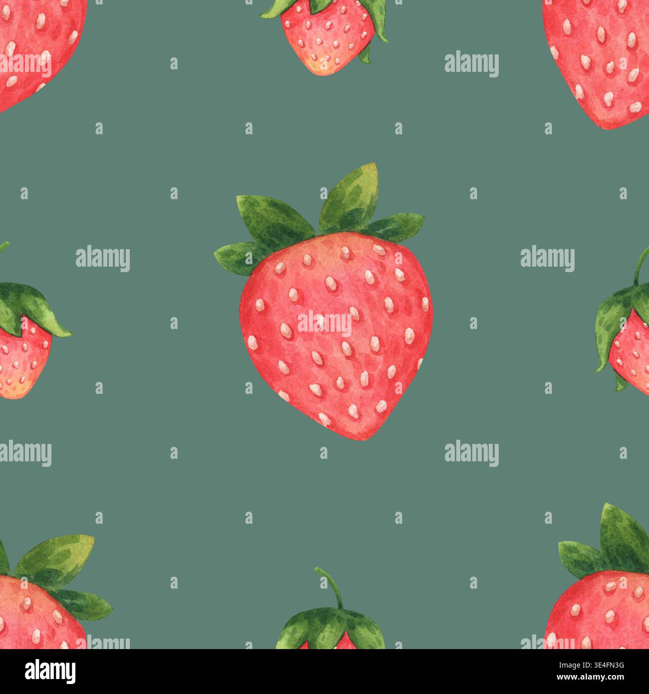 Einfaches nahtloses Muster reifer, saftiger Erdbeeren. Wild- oder Gartenbeeren im Zeichentrickstil. Handgezeichnete Aquarellillustration isoliert auf einem Grün Stockfoto