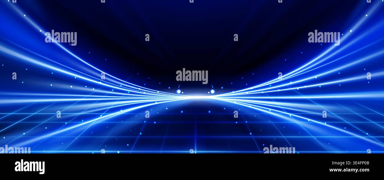 Neonlichtschranken strahlen über den blauen Verlaufshorizont mit funkelnden Partikeln aus. High-Speed-Technologie mit Lichtstrahlen und leuchtenden Trails. Futuristischer digitaler Effekt dynamischer Energie. Stock Vektor