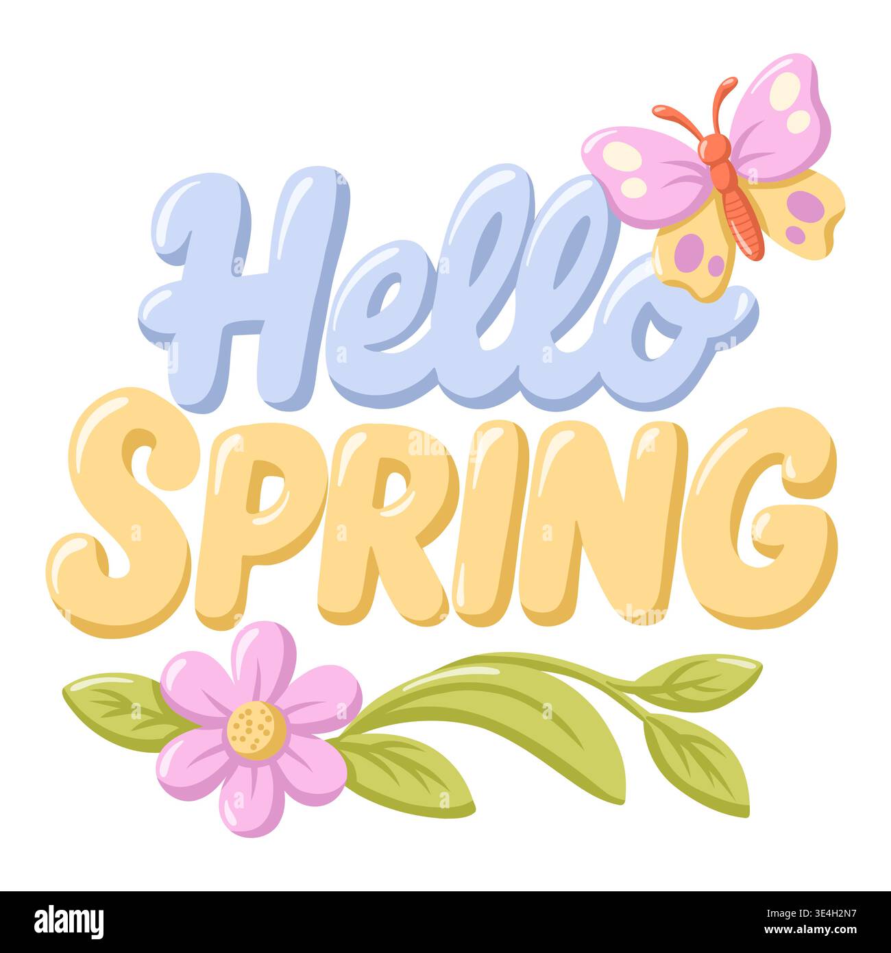 Hallo Frühlingsschriftzug mit Schmetterlingsblüten und Blättern. Cartoon Vektor Banner Illustration auf weißem Hintergrund Stock Vektor
