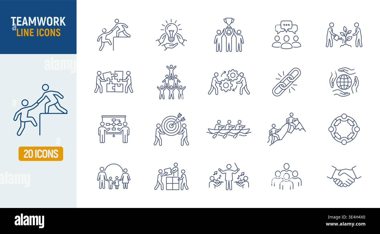Symbolgruppe Teamwork Line. Kommunikation mit Geschäftsteams Mitarbeiter unterstützen Diskussionen. Zusammenarbeit Community-Gespräch. Stock Vektor