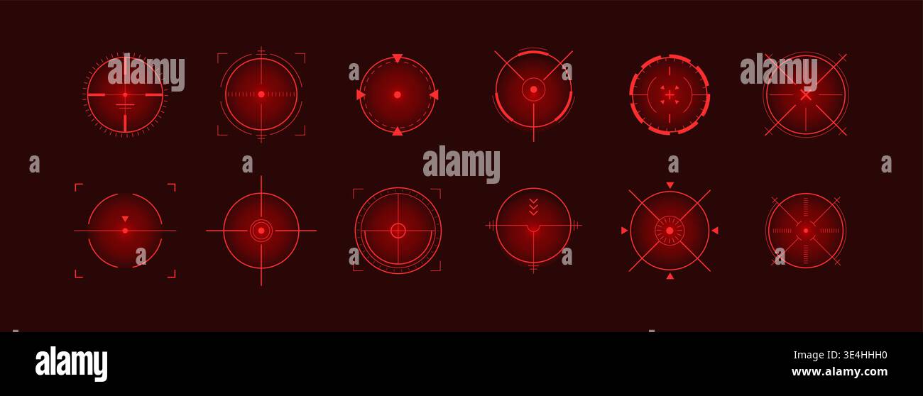 Fadenkreuz HUD rot. Präzisions-Scharfschützen-Oszilloskop. Position von Radar und Sucher. Interaktive technische Schnittstelle. Illustration des abgewickelten Vektors Stock Vektor