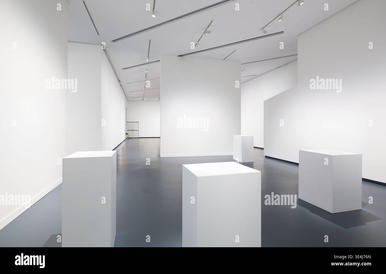 Die geräumige, gut beleuchtete, moderne Ausstellungshalle in einer Kunstgalerie verfügt über polierte Böden und makellos weiße Wände, mit leeren Displays, die für den Upcomin bereit sind Stockfoto