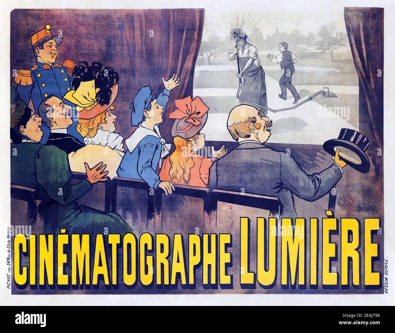 Dieses französische Vintage-Poster aus den späten 1890er Jahren, in dem „CINÉMATOGRAPHE LUMIÈRE“ geworben wird, zeigt ein Publikum, das von einem Film begeistert ist. Die Szene auf dem Bildschirm zeigt Auguste und Louis Lumière den berühmten Film „L'Arroseur Arrosé“ (der Sprenger), wobei die Zuschauer mit Vergnügen und Überraschung reagieren. Die dynamische Komposition und die lebendigen Farben fesseln die Begeisterung des frühen Kinos. Stockfoto