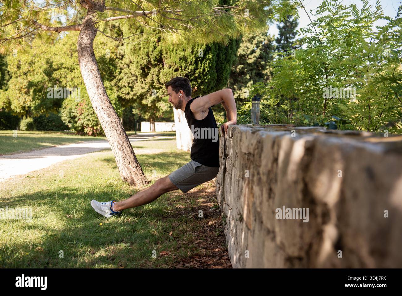 Sportlicher Mann, der im Freien Trizeps Dip Übung mit einer Steinmauer in einem sonnigen Park, Körpergewicht Training für Arm Kraft, Fitness, und gesunde li Stockfoto