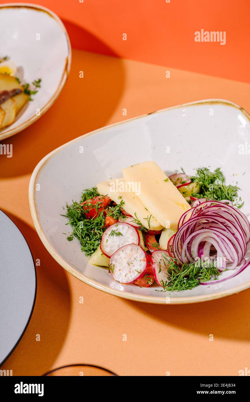 Frischer Gemüsesalat mit Brynza- oder Adyghe-Käse, Rettich, roten Zwiebeln, Gurken, Tomaten und Dill, servieren Sie mit Olivenöl, Salz und schwarzem Pfeffer Stockfoto