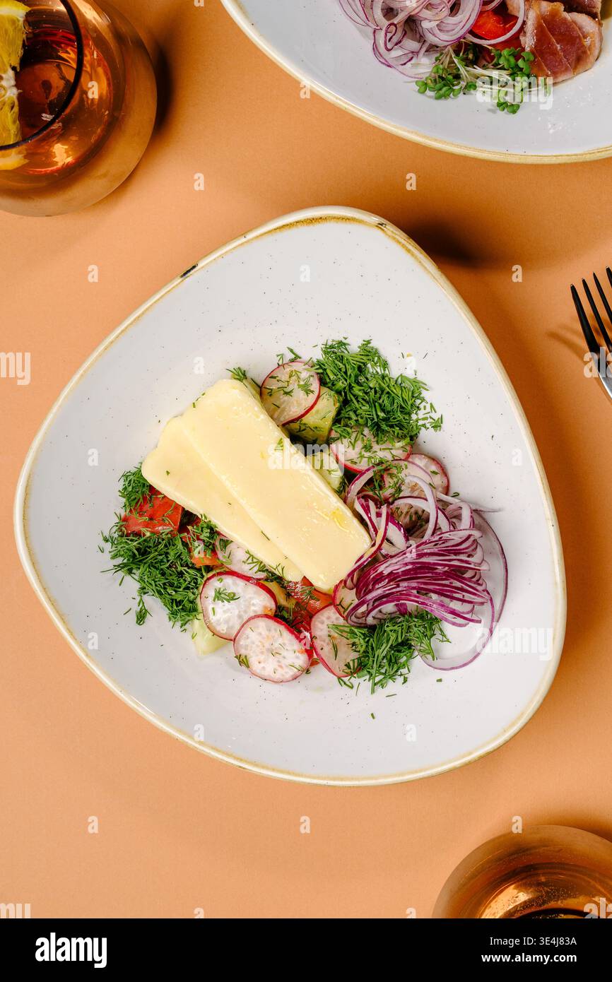 Blick von oben auf frischen Gemüsesalat mit Brynza-Käse, Rettich, rote Zwiebeln, Gurke und Tomaten, garniert mit Dill, Olivenöl, Salz und schwarzer Pfeffer, Serv Stockfoto