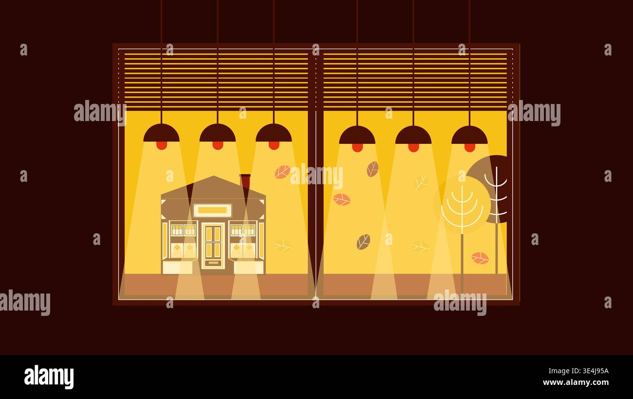 Eine flache Vektor-Illustration, die aus einem gemütlichen Fenster auf eine herbstliche Stadtstraße blickt. Warme Farben, herabfallende Blätter und Details im Innenraum schaffen einen Stockfoto