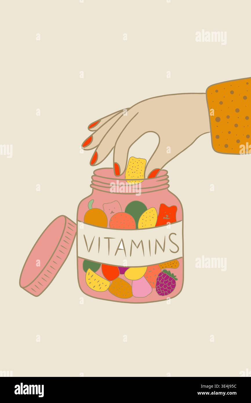 Illustriertes Bild einer Hand, die in ein Glas mit bunten Vitaminen und Nahrungsergänzungsmitteln reicht, die gesundes Leben und Wohlbefinden durch richtige Ernährung symbolisieren Stockfoto