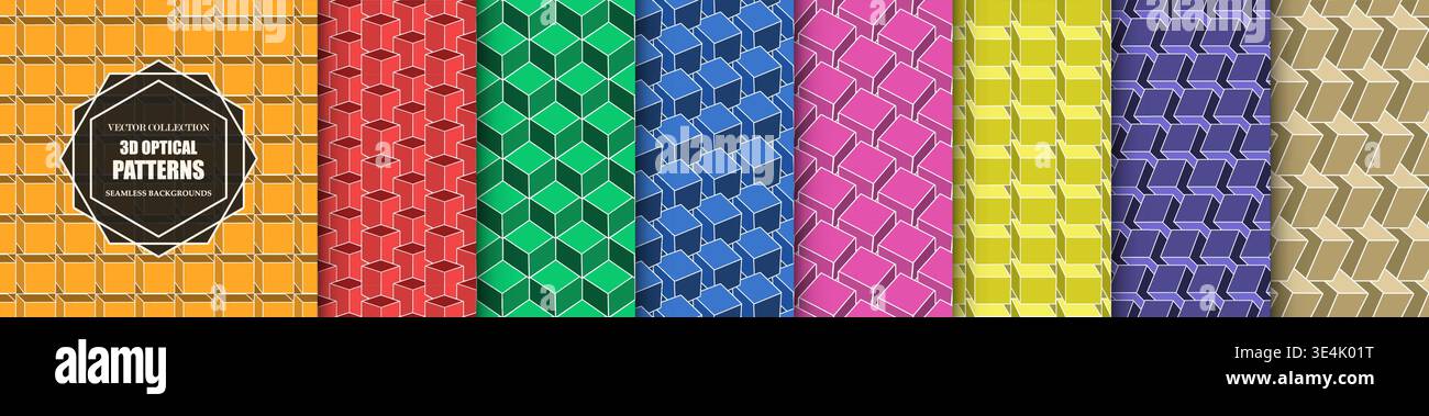 Sammlung farbenfroher, nahtloser geometrischer 3D-Würfel. Isometrische Struktur wiederholbarer Vektor dekorative moderne Hintergründe. Bildmaterial Stock Vektor