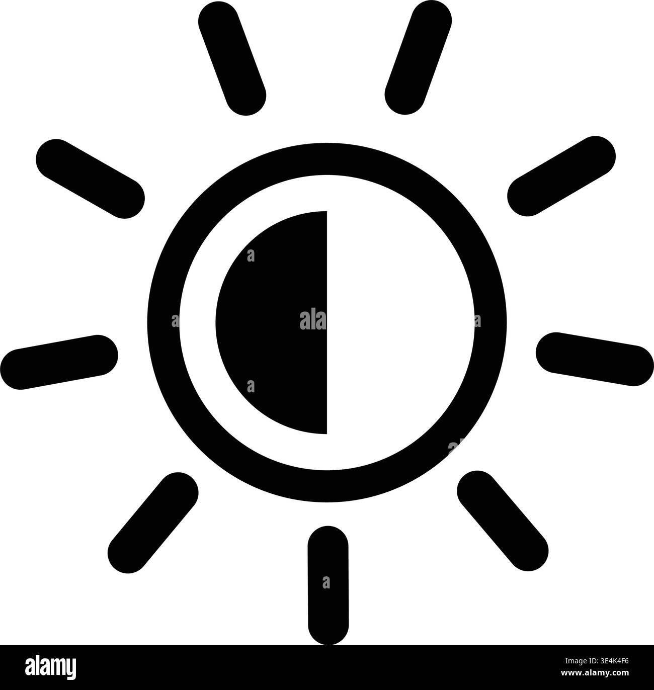 Ein minimalistisches grafisches Symbol, das eine Sonne mit geteilter Mitte darstellt, das zur Anpassung der Bildschirmhelligkeit oder des Bildkontrasts verwendet wird. Stock Vektor