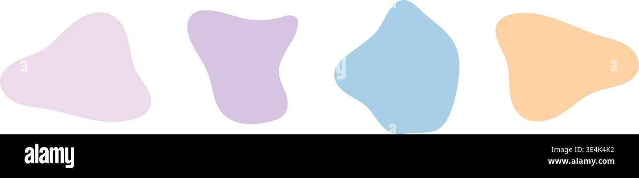 Ein Satz von vier abstrakten organischen Blobs in sanften Pastelltönen, darunter Rosa-Lila-Blau und warme Pfirsichhelltöne. Stock Vektor