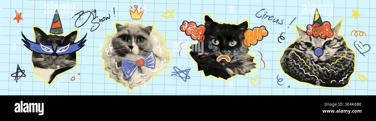 Lustige Halbtonkatzen mit Kritzelzubehör auf Gitterhintergrund. Vektor-realistische Illustration von niedlichen Haustier-Aufklebern, Tiere, die Geburtstagshut tragen, Zirkusclown Nase und Haar, königliche Krone, Meme-Kunst Stock Vektor