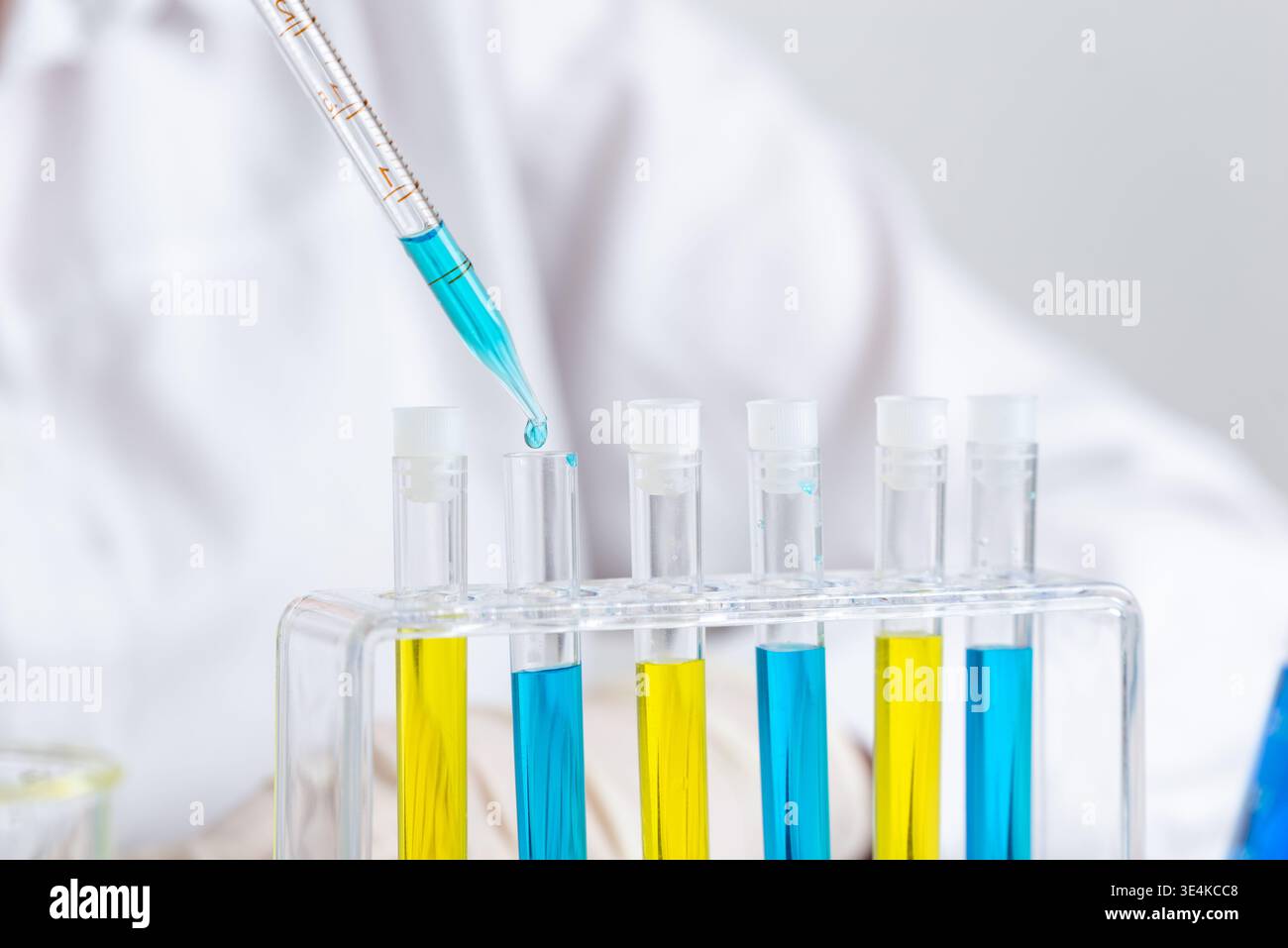 Nahaufnahme der Pipette, die blaue Flüssigkeit in das Reagenzglas tropft, chemisches Experiment und Labortestkonzept mit präziser Messung Stockfoto