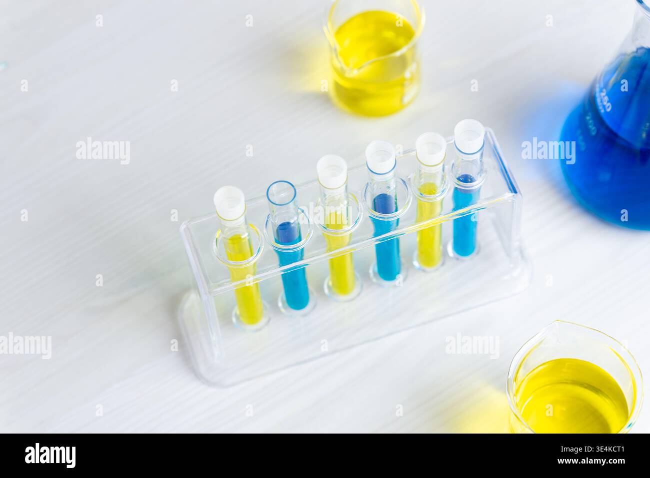 Draufsicht farbenfroher chemischer Proben in Reagenzgläsern mit blauen und gelben Flüssigkeiten, Laborexperiment und Forschungskonzept Stockfoto