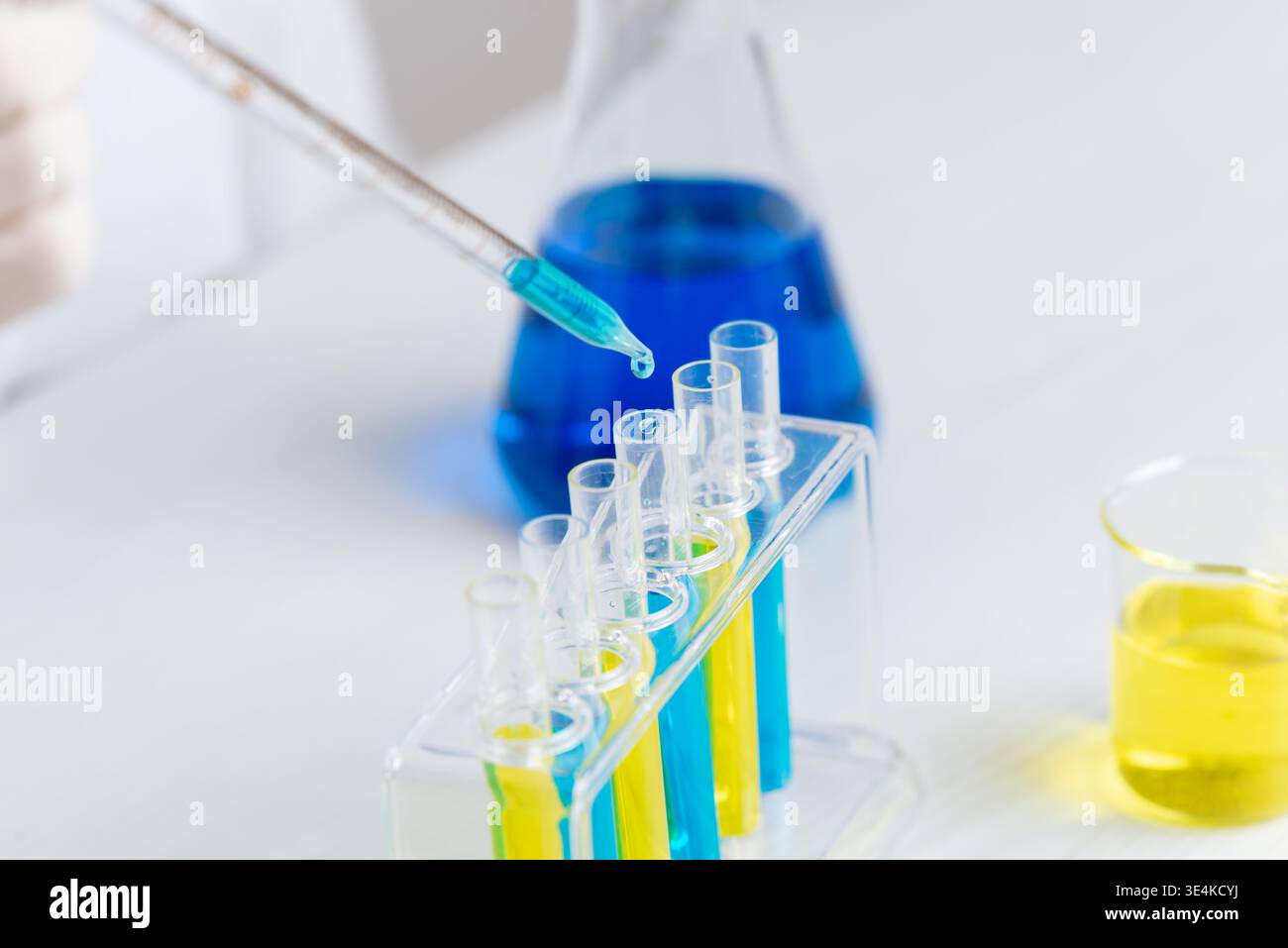 Nahaufnahme der Pipette, die blaue Flüssigkeit in leere Reagenzgläser tropft, Laborversuch und präziser chemischer Testprozess Stockfoto