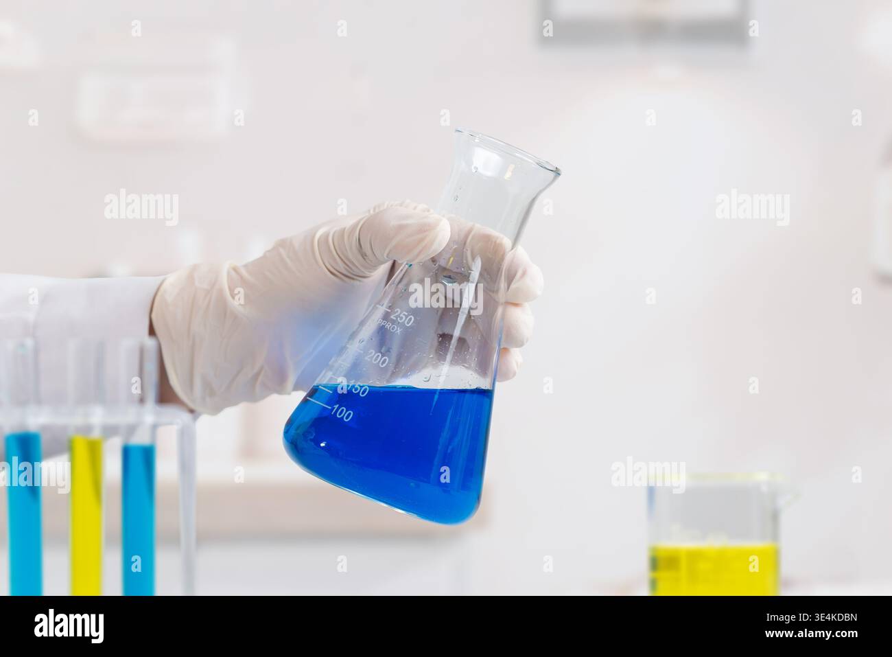 Nahaufnahme eines Wissenschaftlerhandkolbens mit blauer Lösung, Laborversuch und chemischer Analyseverfahren Stockfoto