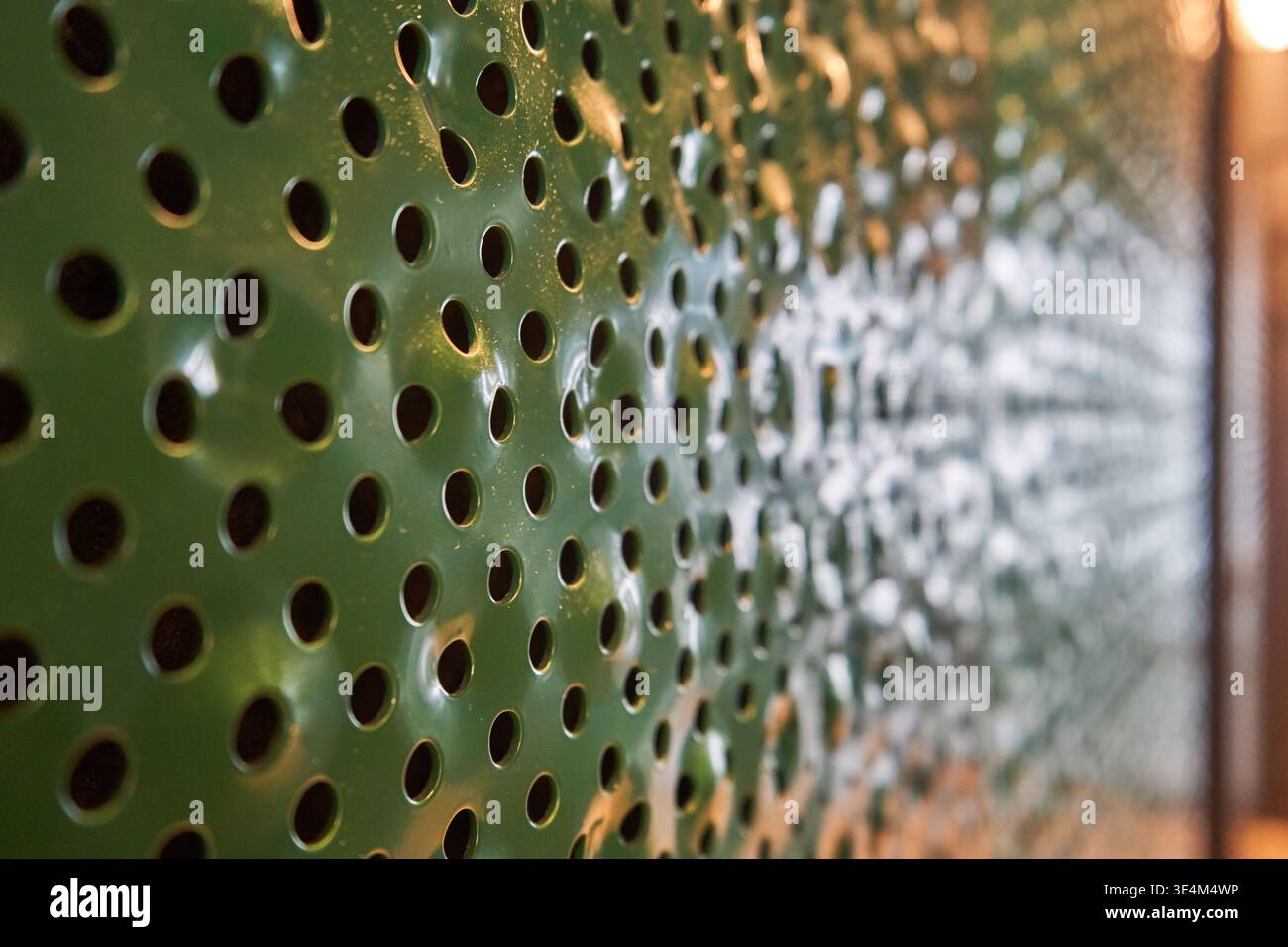 Eine perspektivische Nahaufnahme einer grün lackierten perforierten Metallplatte mit kreisförmigen Löchern, die in einem regelmäßigen Gittermuster angeordnet sind. Auf der linken Seite des Stockfoto