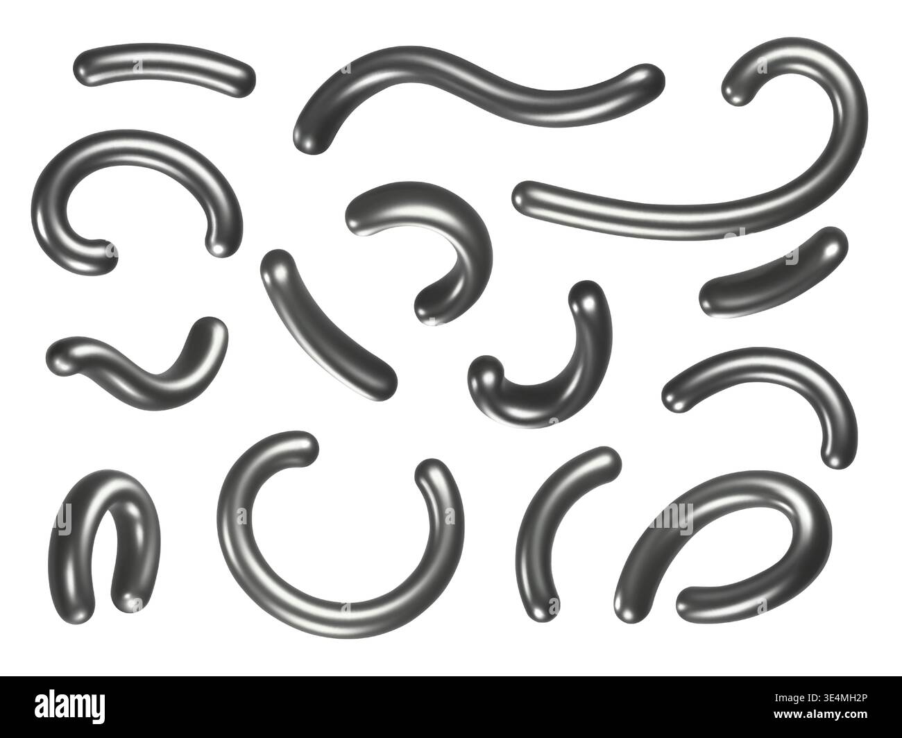 Set mit geschwungenen Linien in Hochglanz-Chrom. Abstrakte metallische Tücher, flüssige 3D-realistische röhrenförmige Elemente. Isolierte Metallstriche futuristische Vektorillustration. Stock Vektor