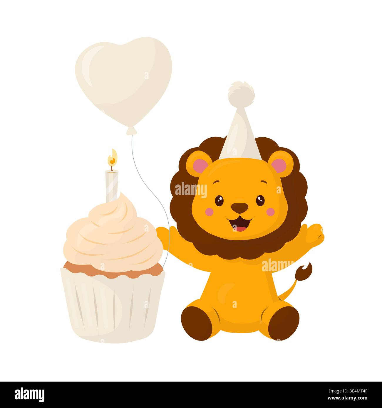 Ein Löwenjunges in einem festlichen Hut hält einen Ballon in Herzform neben einem Cupcake und einer Kerze. Eine süße Vektor-Safari-Tierfigur zum Kindergeburtstag Stock Vektor