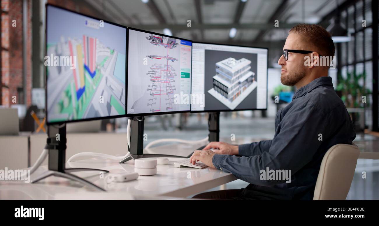 3D BIM Software Visualisierung kommerzieller HLK-Systeme für nachhaltige Gebäudeplanung und effizientes Energiemanagement Stockfoto