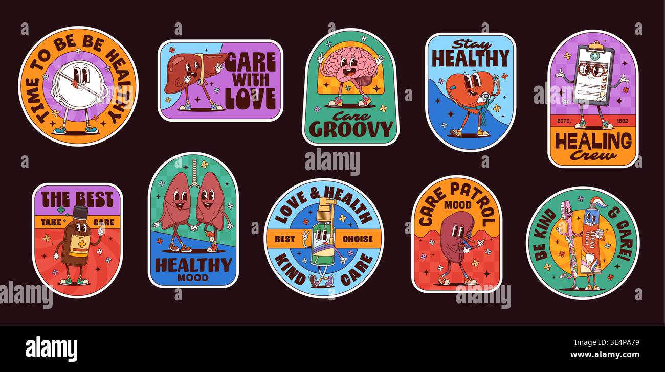 Medizin Groovy Label Aufkleber, Healthcare Retro Patches mit Vektor Slogans Zeit gesund zu sein, Pflege mit Liebe, Pflege Groovy, bleiben gesund, heilende Crew, am besten kümmern Sie sich um, gesunde Stimmung, Liebe Gesundheit Stock Vektor