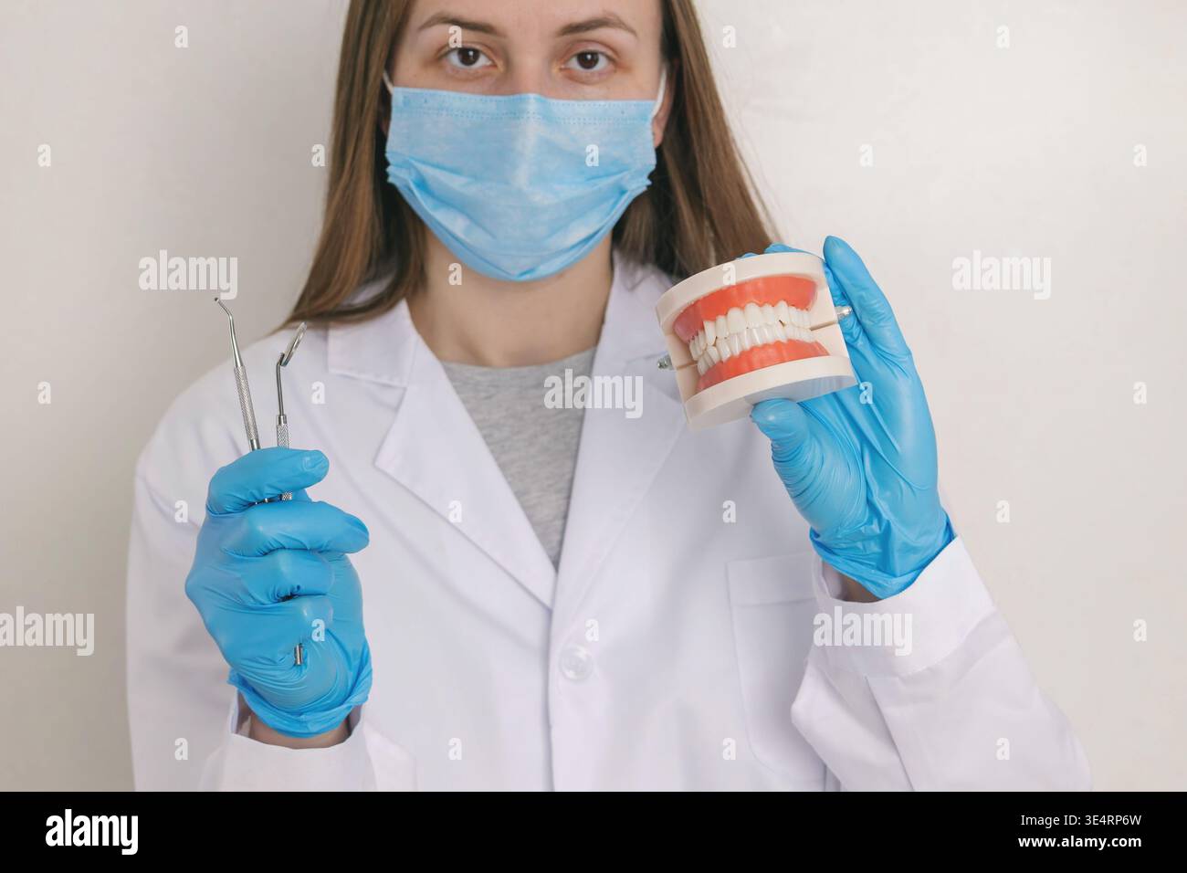 Zahnarzt im anatomischen Kiefermodell mit Maskenhalter und professionellen zahnärztlichen Werkzeugen Stockfoto