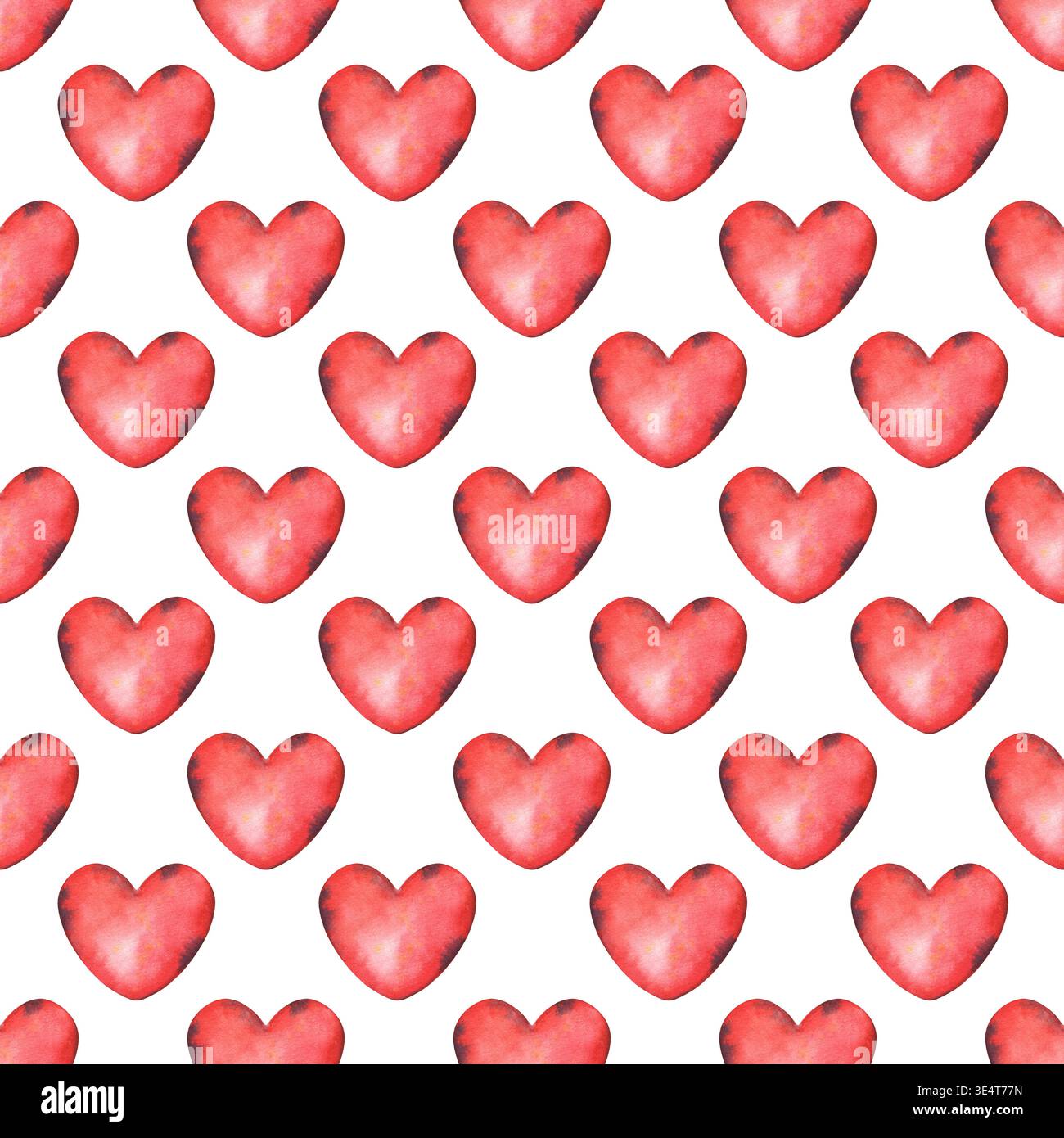 Handgemaltes nahtloses Aquarellmuster mit einfachen roten Herzen, isoliert auf weißem Hintergrund. Perfekt für Valentinsmodelle, romantische Hochzeitsbrände Stockfoto