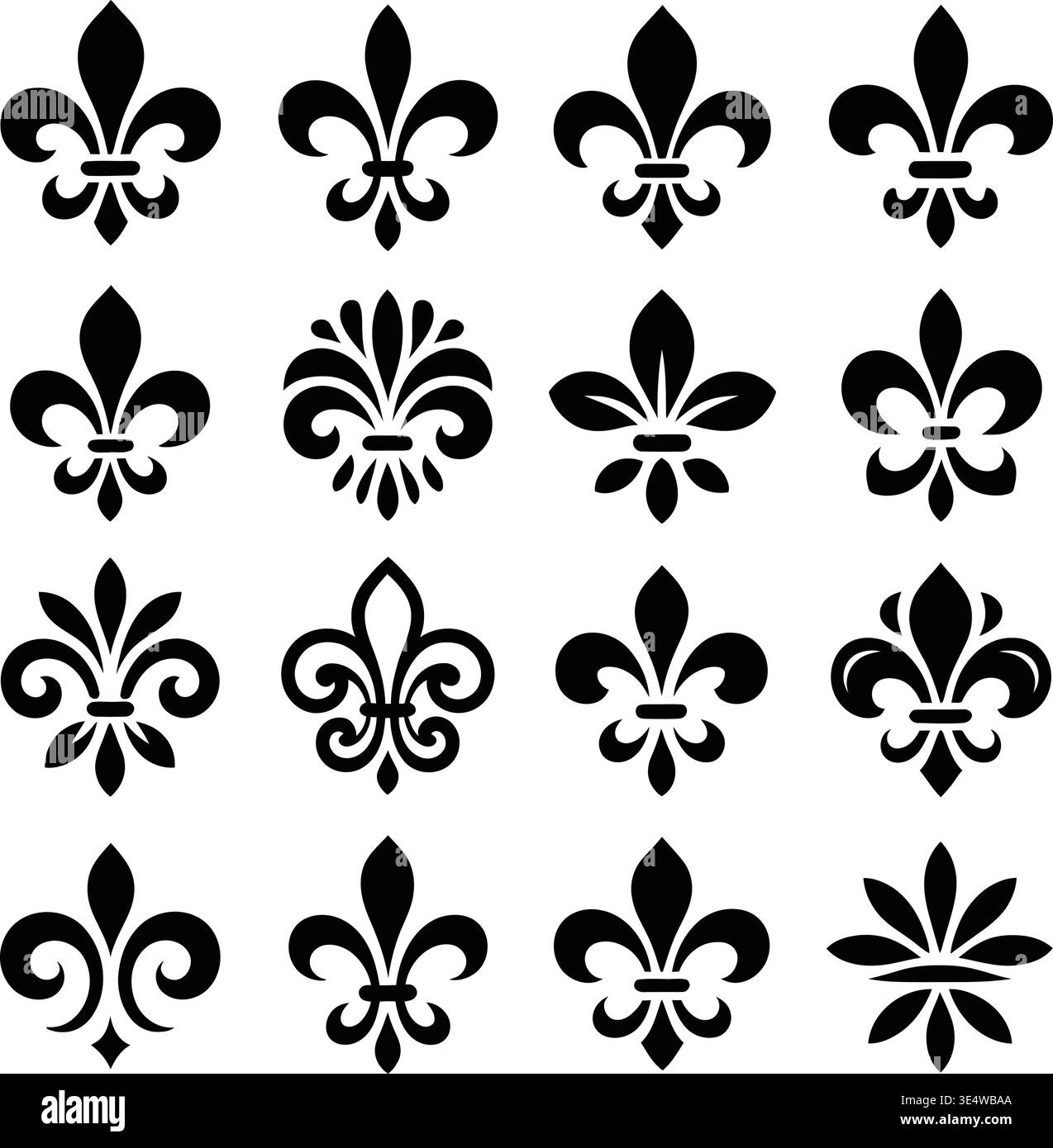 Dieses Bild zeigt eine Sammlung von zwölf Fleur-de-LIS-Symbolen, die in einem 3x4-Raster angeordnet sind. Jedes Symbol ist im Design identisch und hat drei abgerundete Symbole Stock Vektor