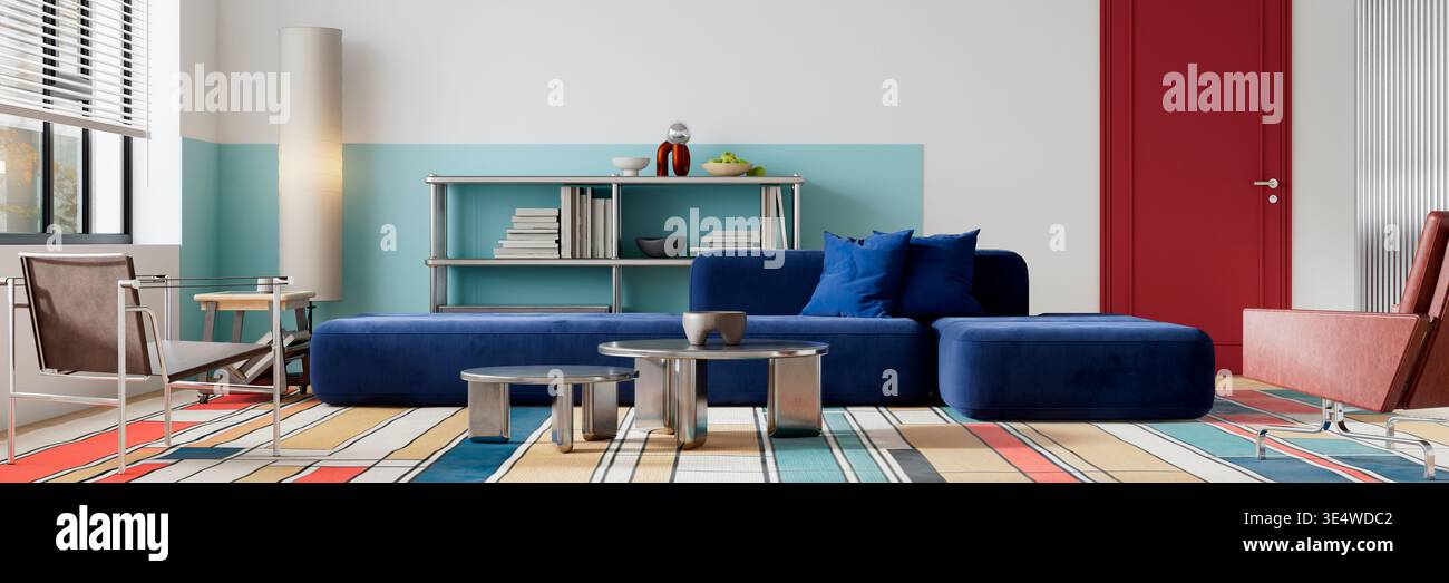 Modernes Wohnzimmer im breiten Bannerstil mit bauhaus-Einflüssen, geometrischen Formen und auffälligen Akzenten. Minimaler Innenausbau mit sauberem Negativraum Stockfoto