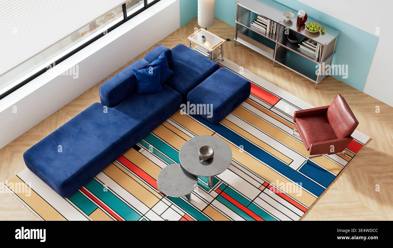Modernes, modernes Wohnzimmer mit Blick von oben mit geometrischem Grundriss im bauhaus-Stil, auffälligen Akzenten und minimalistischen Möbeln. Klare strukturierte Kompositionsidee Stockfoto