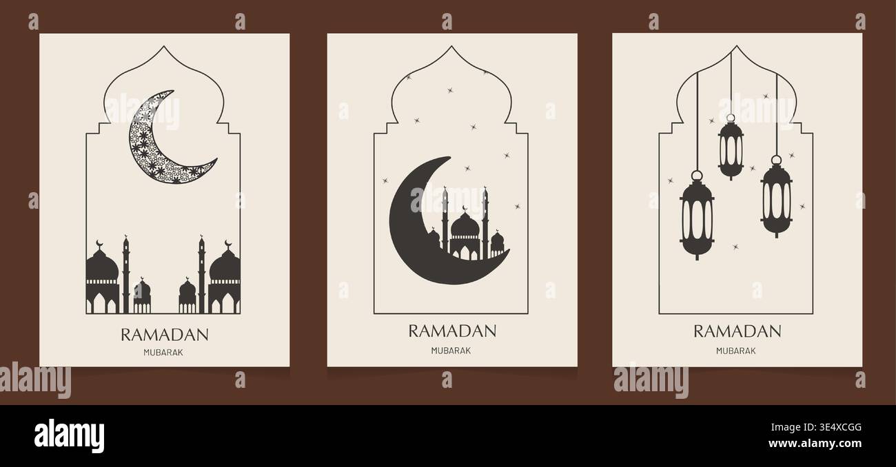 Ramadan-Reflexe mit eleganten monochromen Laternen und Moscheenkonturen. Vektorabbildung Stock Vektor