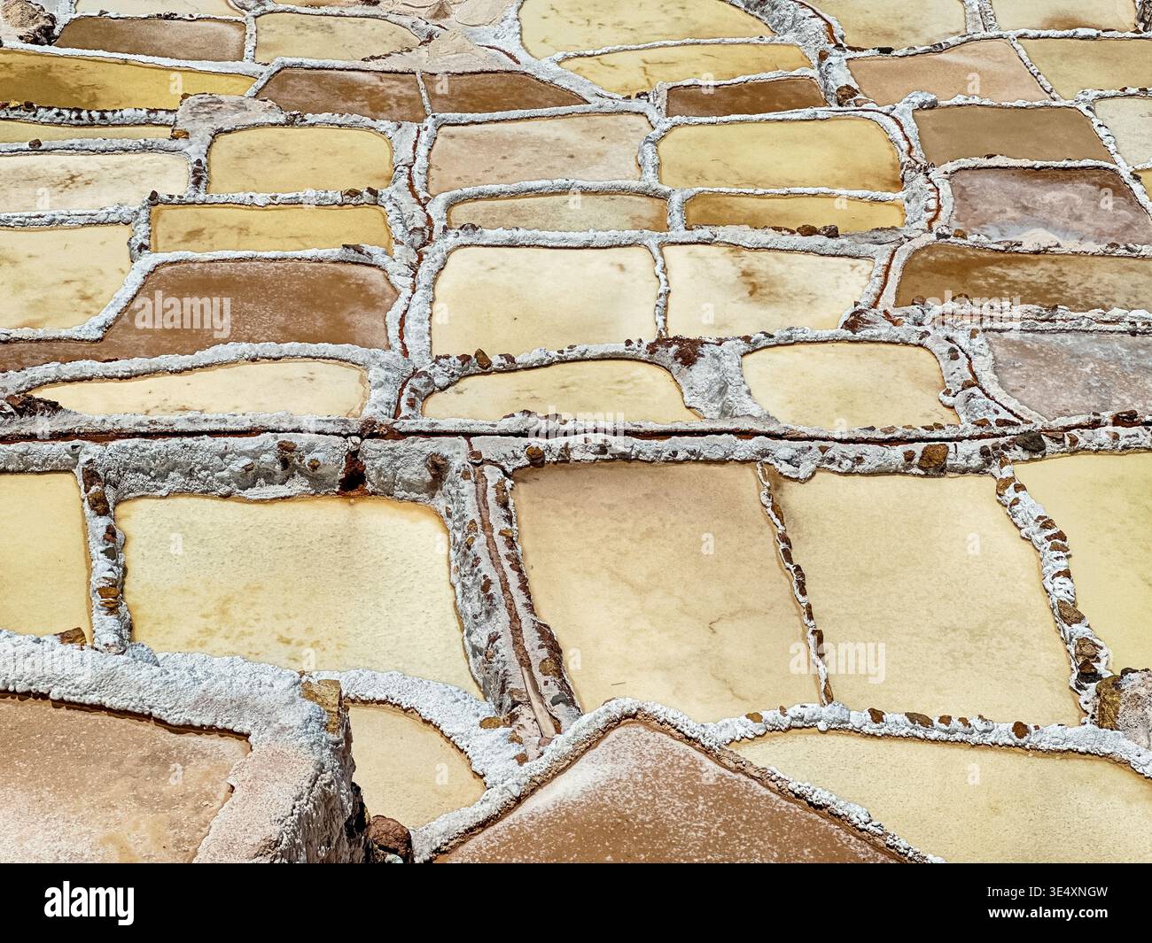 Die Salzwasserteiche von Salineras de Maras sind mit Wasser aus einer Mineralquelle gefüllt, die durch die Schwerkraft durch Kanäle fließt. Stockfoto