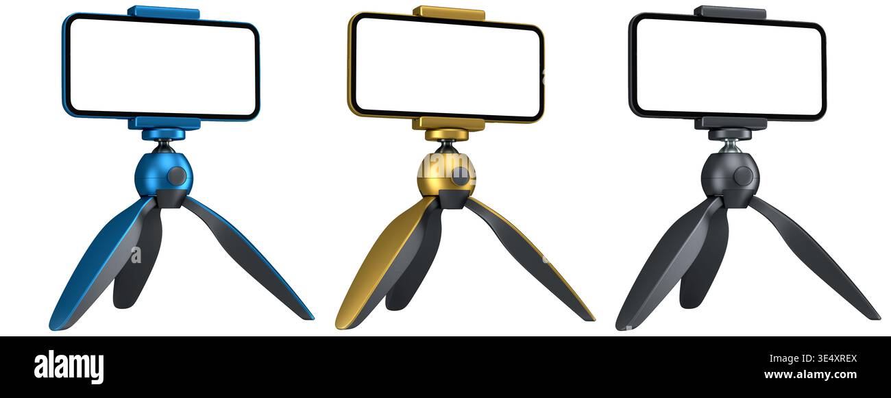 Satz moderner Smartphone-Stative, isoliert auf weißem Hintergrund, technisches Konzept. Stockfoto