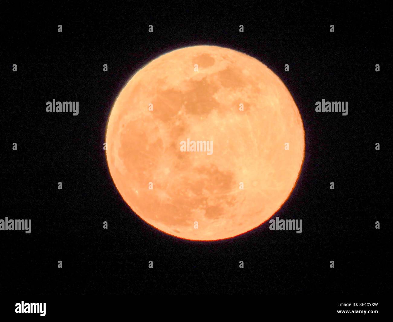 Orangefarbener Vollmond, der hell am dunklen Nachthimmel leuchtet und seine himmlische Schönheit und strukturierte Oberfläche präsentiert, ein Leuchtfeuer im riesigen Universum Stockfoto