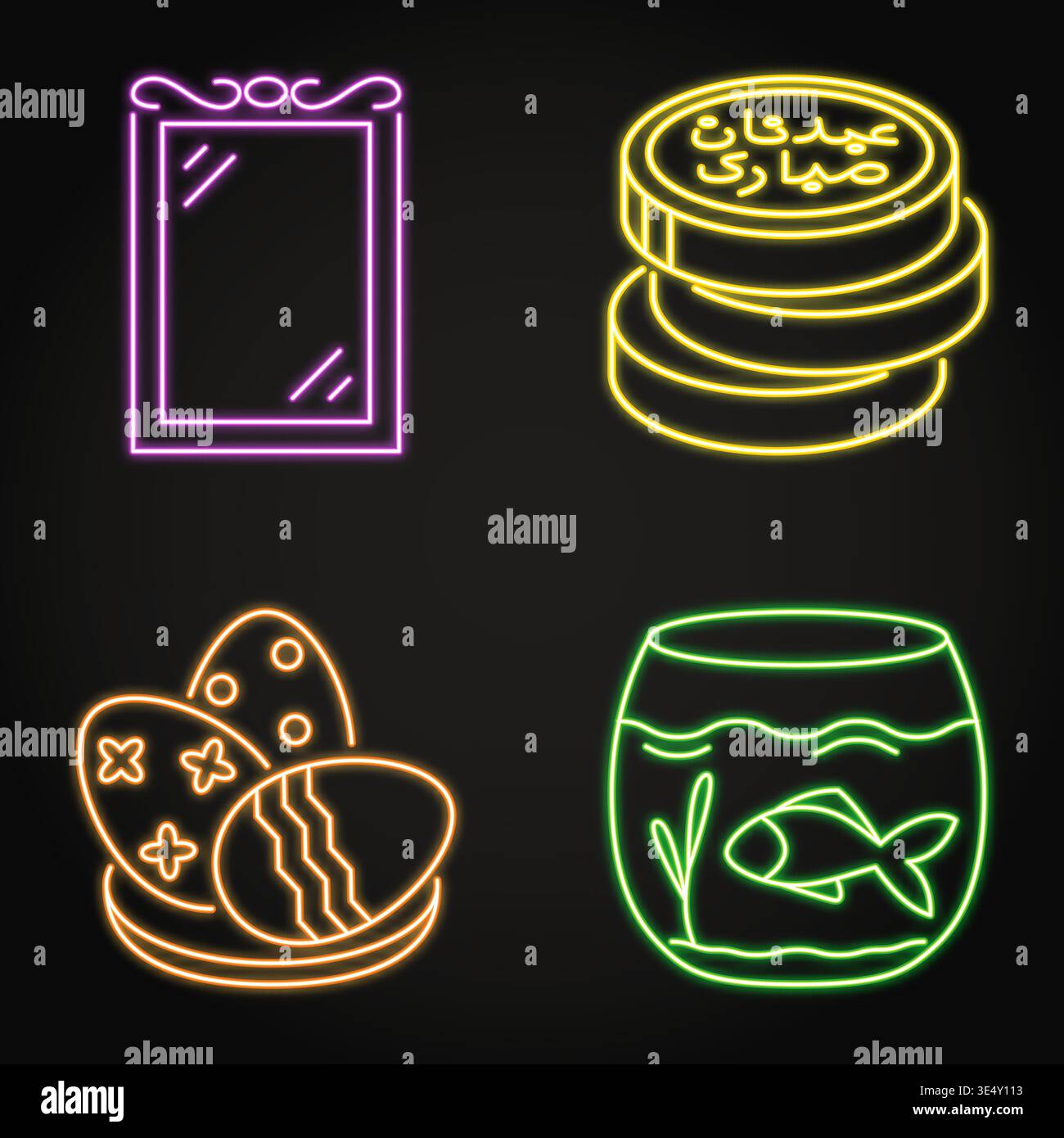 Attribute der Neonsymbolgruppe Nowruz Holiday. Spiegel, bemalte Eier, goldene Münzen und Fischschalen-Symbole. Vektorabbildung. Stock Vektor