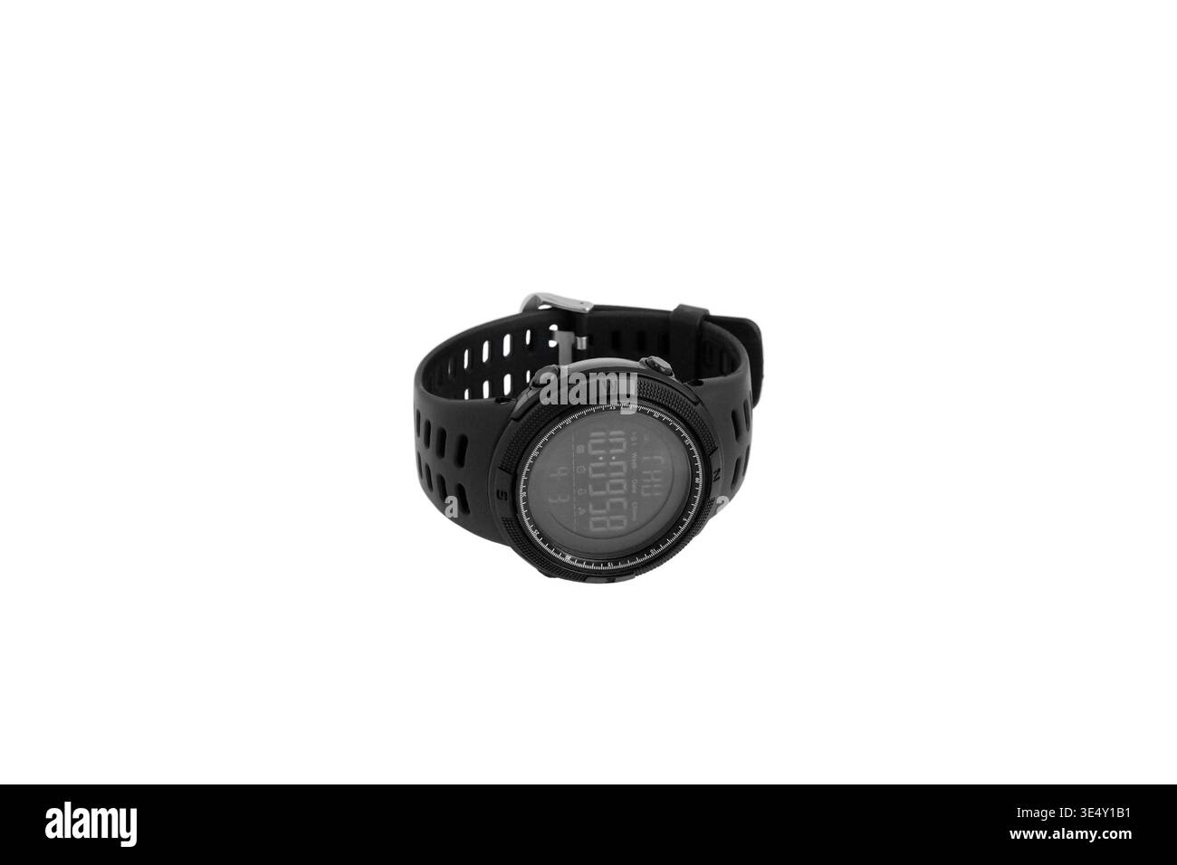 Elektronische Armbanduhr für Männer, Sport. Nahaufnahme. Isoliert auf weißem Hintergrund. Stockfoto
