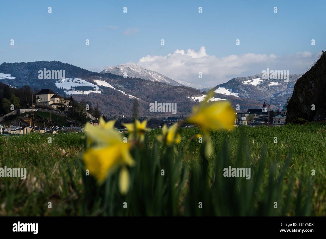 Eingeschneite Berge und frühlingshafte Täler. Wetterumschwung und Kälteeinbruch im Frühling in der Stadt Salzburg am 27.03.2026. // schneebedeckte Berge und frühlingshafte Täler. Wetterwechsel und Kälteeinbruch im Frühjahr in Salzburg am 27. März 2026. - 20260327 PD12282 Stockfoto