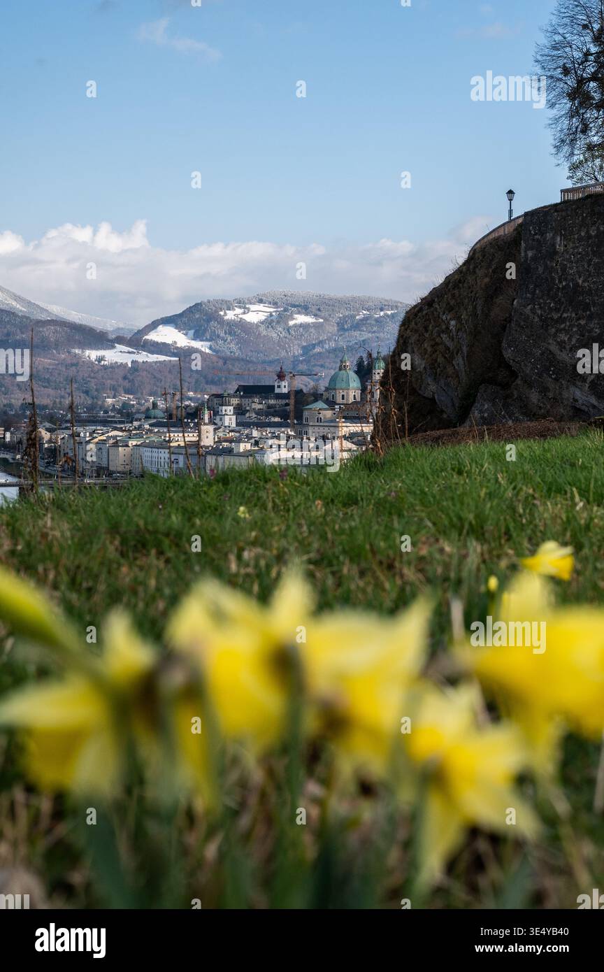 Eingeschneite Berge und frühlingshafte Täler. Wetterumschwung und Kälteeinbruch im Frühling in der Stadt Salzburg am 27.03.2026. // schneebedeckte Berge und frühlingshafte Täler. Wetterwechsel und Kälteeinbruch im Frühjahr in Salzburg am 27. März 2026. - 20260327 PD12260 Stockfoto