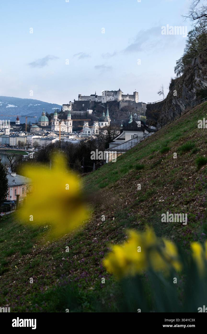 Blick auf die Festung Hohensalzburg mit eingeschneiten Bergen am Horizont am 27.03.2026. // Blick auf die Festung Hohensalzburg mit schneebedeckten Bergen am Horizont am 27. März 2026. - 20260327 PD12232 Stockfoto