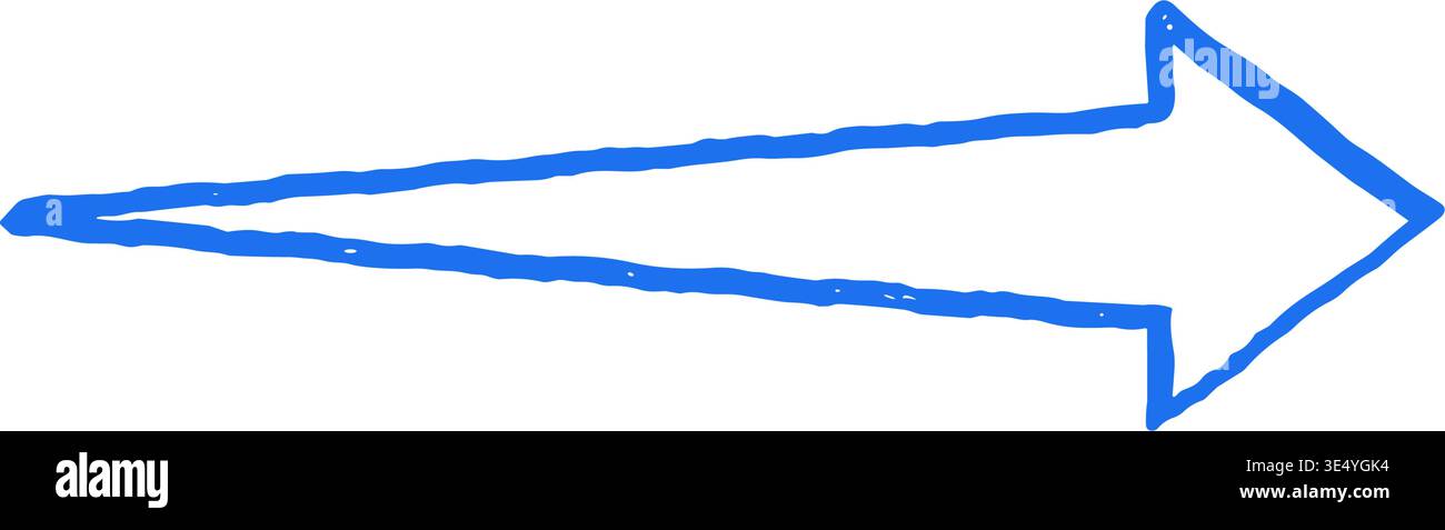Eine Vektordarstellung eines handgezeichneten Rechtspfeils. Blaues Doodle-Symbol, das die Richtung, die nächste und die Vorwärtsrichtung symbolisiert. Skurriles Grunge-Element mit einem groben te te Stock Vektor
