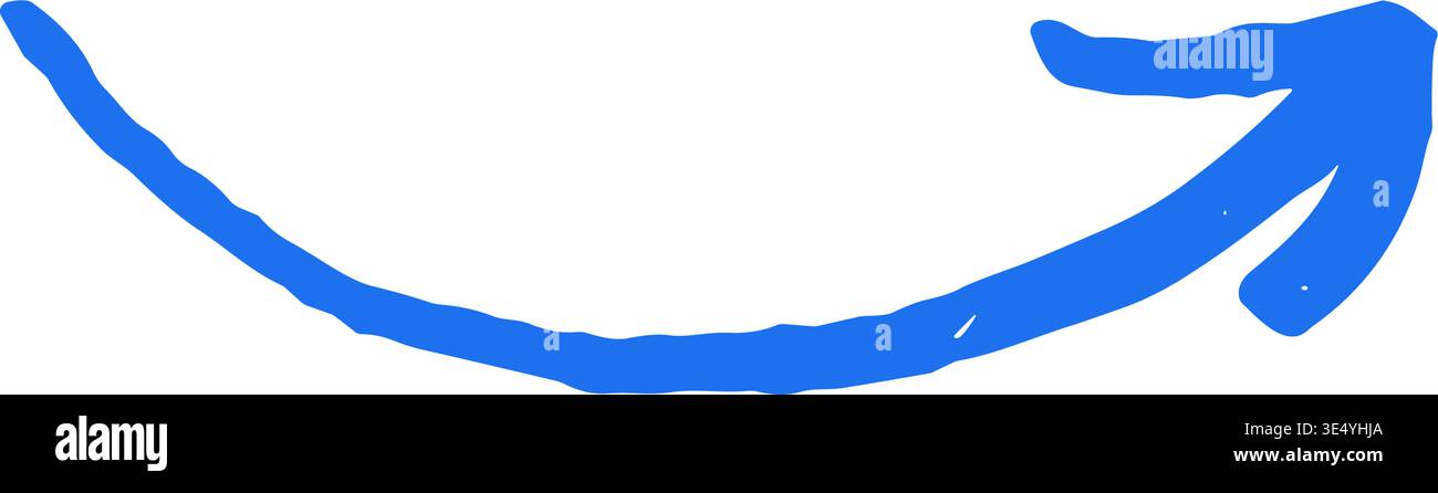 Handgezeichnetes blaues, gekrümmtes Pfeilkritzelchen. Skurriler Zeiger mit Grunge-Textur für Design. Einfaches Symbol für die rechte Richtung zur Navigation. Kreativ und künstlerisch Stock Vektor